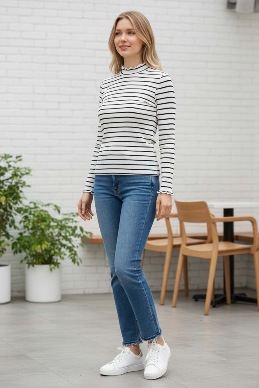 ANN TAYLOR Top Size S Petite Black White Ruffle Hem Stripe Blouse